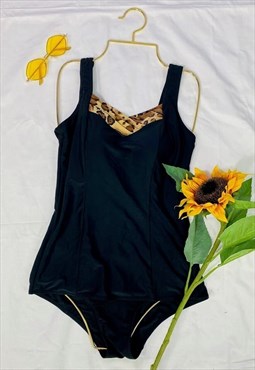 Vintage 80s Black Leopard Print Detail Swimsuit