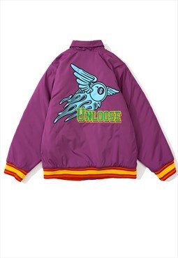 Grunge varsity jacket wings print college bomber in purple