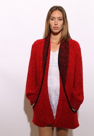 VINTAGE 1980'S 80'S BOUCLE RED SWEATER COAT CARDIGAN M-L