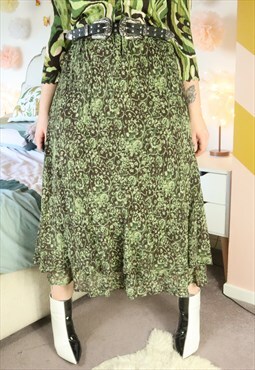 Vintage Y2K Green Paisley Floral Flower Festival Midi Skirt