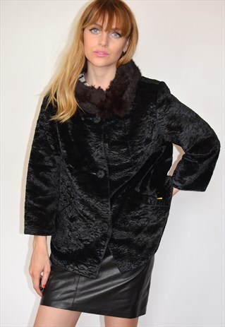 VINTAGE 60S BLACK CROPPED FAUX FUR SWING JACKET