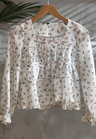 IVORY FLORAL PRINT TIERED SHIRRING BLOUSE