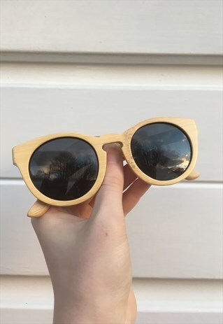 WOMENS VINTAGE STYLE BROWN WOODEN LOOK ROUND SUNGLASSES