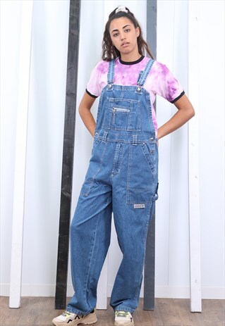 VINTAGE LIGHT BLUE DENIM DUNGAREES 90S OVERALLS. WORKWEAR.