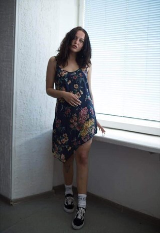 VINTAGE 90'S NAVY FLORAL SLIP ASYMMETRIC DRESS