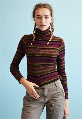 Y2K STRIPED PATTERN KNIT TUTLENECK TEEN JUMPER