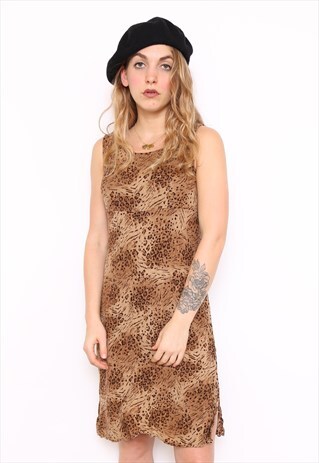 VINTAGE 90S BROWN ANIMAL PRINT MIDI DRESS