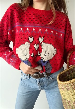 VINTAGE 80S RETRO NOVELTY BEAR KNIT CHRISTMAS JUMPER RED
