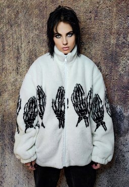 Bones fleece jacket faux fur grunge skeleton bomber in white