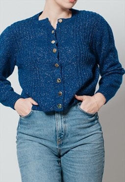 Vintage 80s Party Women Crop Sweater in Metallic Blue Knit