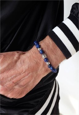 Buddha Head With Lapis Power Bead Bracelet Men Silver