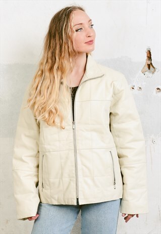 VINTAGE 80S WHITE LEATHER PUFFER JACKET