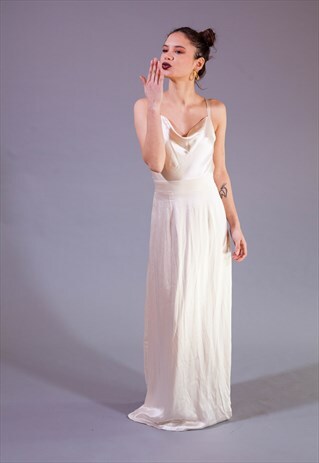 SILK AND SATIN LONG WHITE PEARL COCKTAIL DRESS