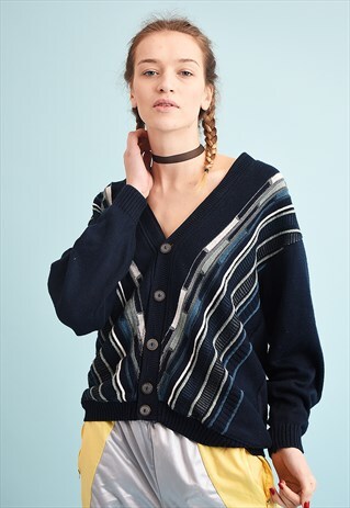 90'S RETRO STRIPED NAVY OVERSIZED KNIT CARDIGAN