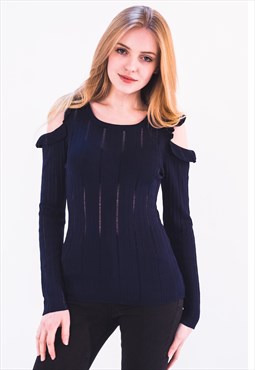 Frill Cold Shoulder Top With Long Sleeves in Navy