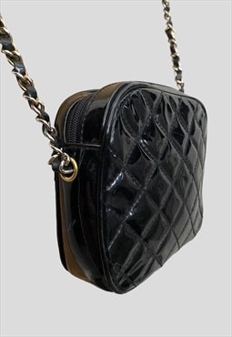 80's Vintage Ladies Bag Black Patent Quilted Chain Handbag