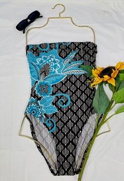 Vintage 90's Strapless Abstract Floral Patterned Swimsuit