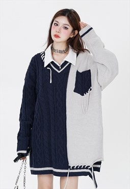 Color block sweater v neck contrast cable cardigan in blue