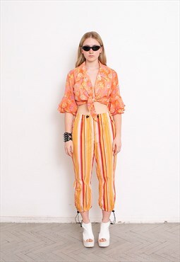 Vintage 90s Front Tie Crop Top Blouse Ruffle Orange 
