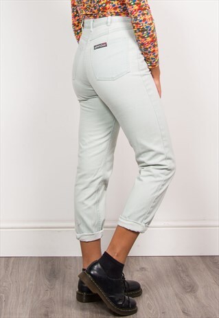 90'S VINTAGE HIGH WAIST MINT GREEN EMBROIDERED DENIM JEANS