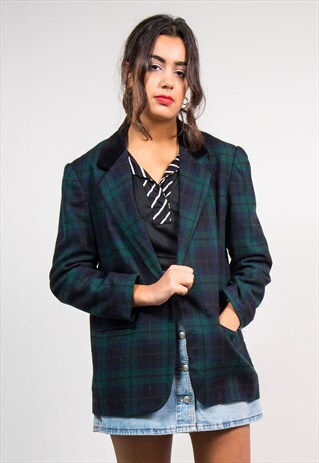 VINTAGE 90'S GREEN CHECK PATTERN TARTAN BLAZER JACKET