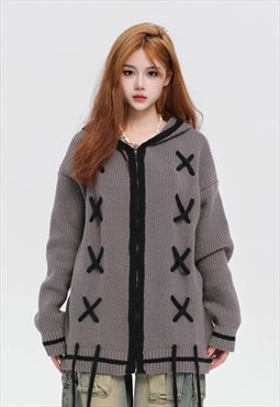 Hooded utility sweater knitted pullover grunge tassel top