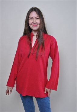 Cotton vintage shirt, red anorak pullover shirt, 80s retro 