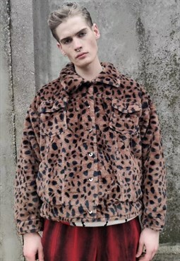 Leopard fleece jacket faux fur coat animal bomber in brown