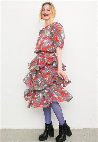 VINTAGE MIDI FLORAL RUFFLED BELTED DRESS