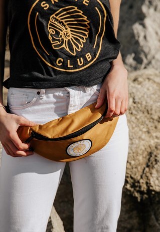 RECYCLED BUMBAG/BELTBAG IN MUSTARD SKATE CLUB LOGO PATCH