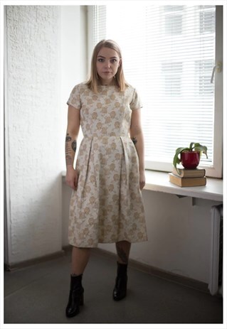 VINTAGE 60'S MIDI YELLOWISH EMBROIDERED DRESS