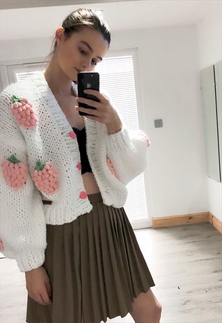STRAWBERRIES DESIGN HAND KNIT CARDIGAN IN PINK