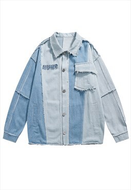 Two color denim jacket reworked raw jean bomber pastel blue