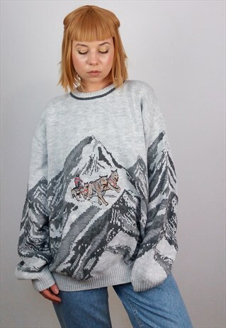 VINTAGE 80'S UNISEX OVERSIZED JUMPER WINTER LANDSCAPE SM0536