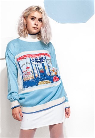 KNIT SWEATER 90S VINTAGE DEADSTOCK JUMPER W CARTOON PATCH
