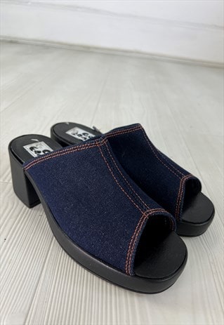 Vintage 90s Sandals Chunky Wedge Denim Heels Slides Y2k 00s