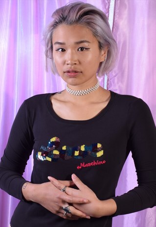 VINTAGE Y2K MOSCHINO BLACK TOP WITH SEQUIN DESIGN