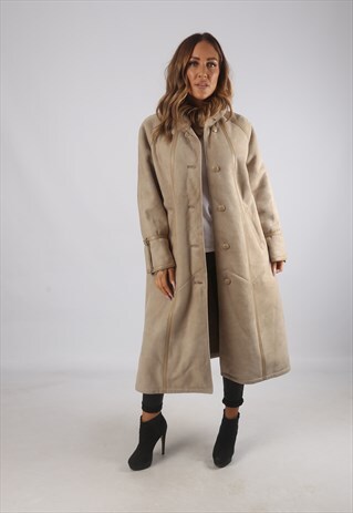 VINTAGE SHEEPSKIN SUEDE SHEARLING COAT MID LONG UK 16 (9AA)