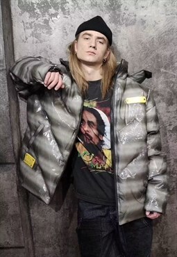 Transparent bomber rubber feel puffer jacket in grey black