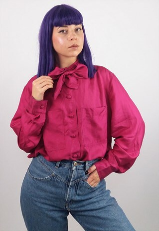 PETER HAHN 90'S PUSSY-BOW SILK MAGENTA SHIRT / BLOUSE