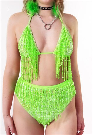 SLIME GREEN SEQUIN BEADED FESTIVAL SET