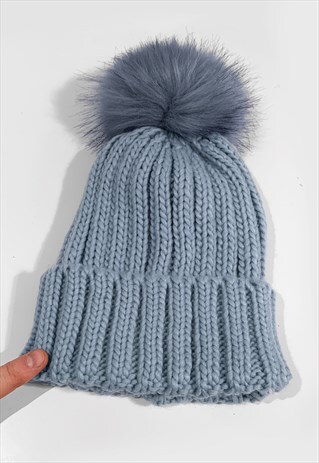 FAUX FUR BOBBLE KNITTED RIBBED BEANIE HAT - PASTEL BLUE