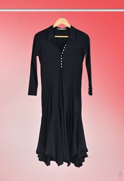 90s Vintage Grunge Black Pin Stripe Fit Flare Stretch Dress