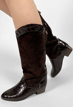 80's Vintage Dark Brown Suede Moc Croc Ladies Flat Boots 