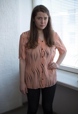 VINTAGE 80'S PEACH PATTERNED SHORT SLEEVED V-NECK BLOUSE