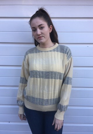 WOMENS VINTAGE 80S JUMPER LIGHT YELLOW GREY STRIPY SWEATER