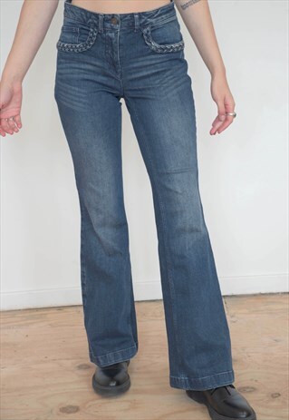 VINTAGE 00S Y2K DENIM FLARES IN DARK BLUE WITH POCKET DETAIL