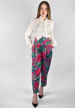 Ladies 80's Pink Green Floral Vintage Trousers