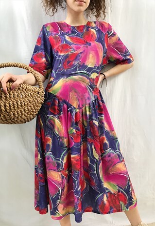 VINTAGE 80S ABSTRACT PAINTING PRINT HAUTE BOHEME MAXI DRESS