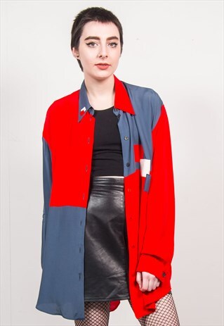 VINTAGE 90'S RED & GREY COLOUR BLOCK OVERSIZED BLOUSE SHIRT